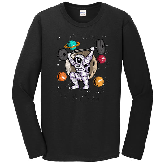 Weightlifting Astronaut Outer Space Spaceman Gym Fitness Distressed Long Sleeve T-Shirt