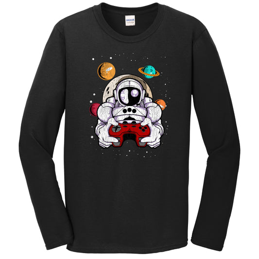 Gamer Astronaut Outer Space Spaceman Video Games Distressed Long Sleeve T-Shirt