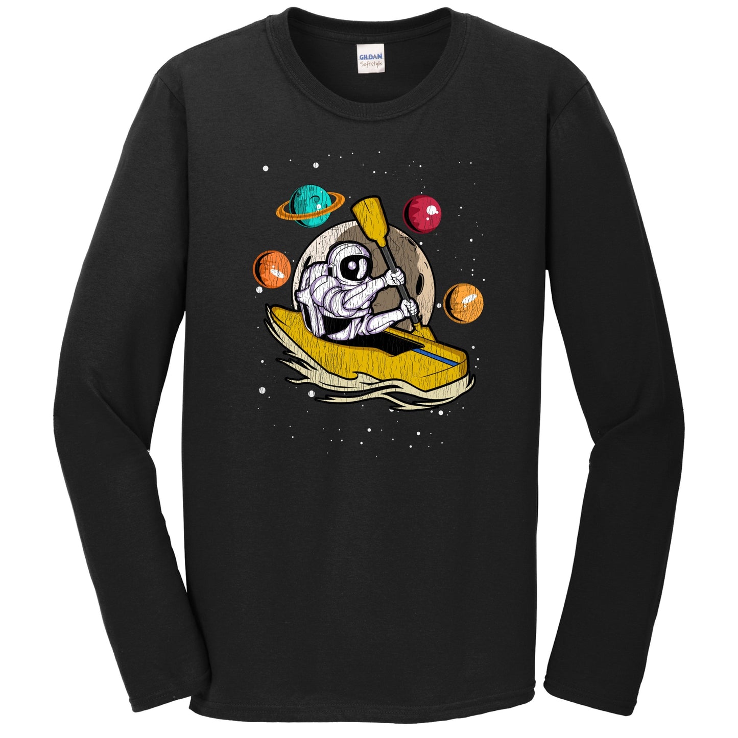 Kayaker Astronaut Outer Space Spaceman Kayaking Distressed Long Sleeve T-Shirt