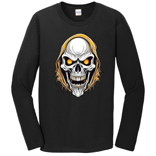 Scary Grim Reaper Skeleton Skull Face Halloween Long Sleeve T-Shirt 