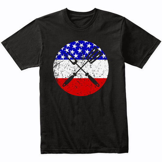 Spatula And Fork Retro Style BBQ Cookout American Flag T-Shirt