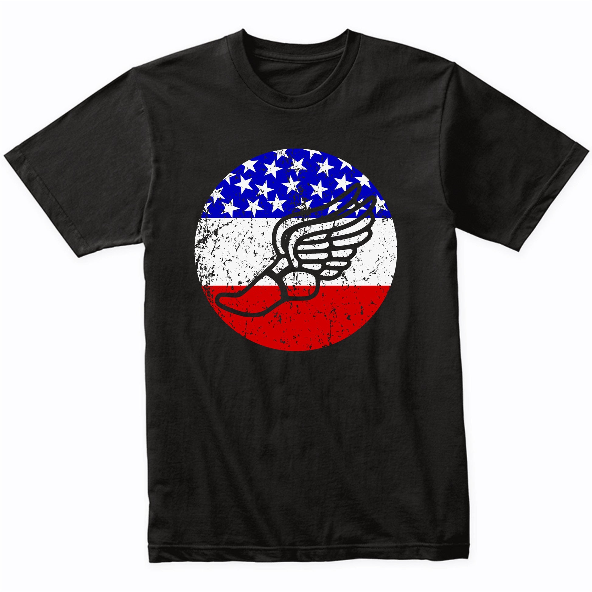 Running Shoe With Wings Retro Style Track American Flag T-Shirt