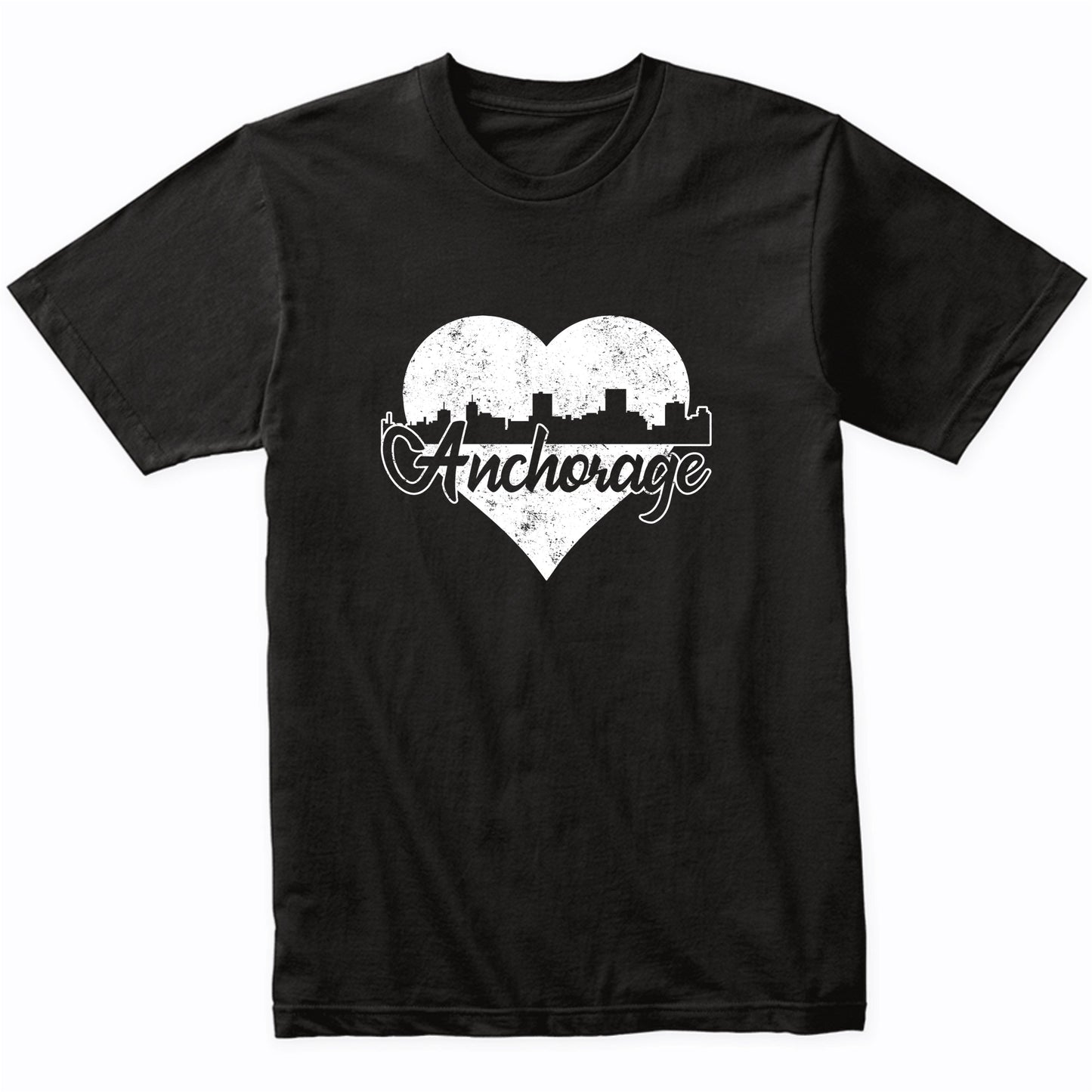 Retro Anchorage Alaska Skyline Heart Distressed T-Shirt