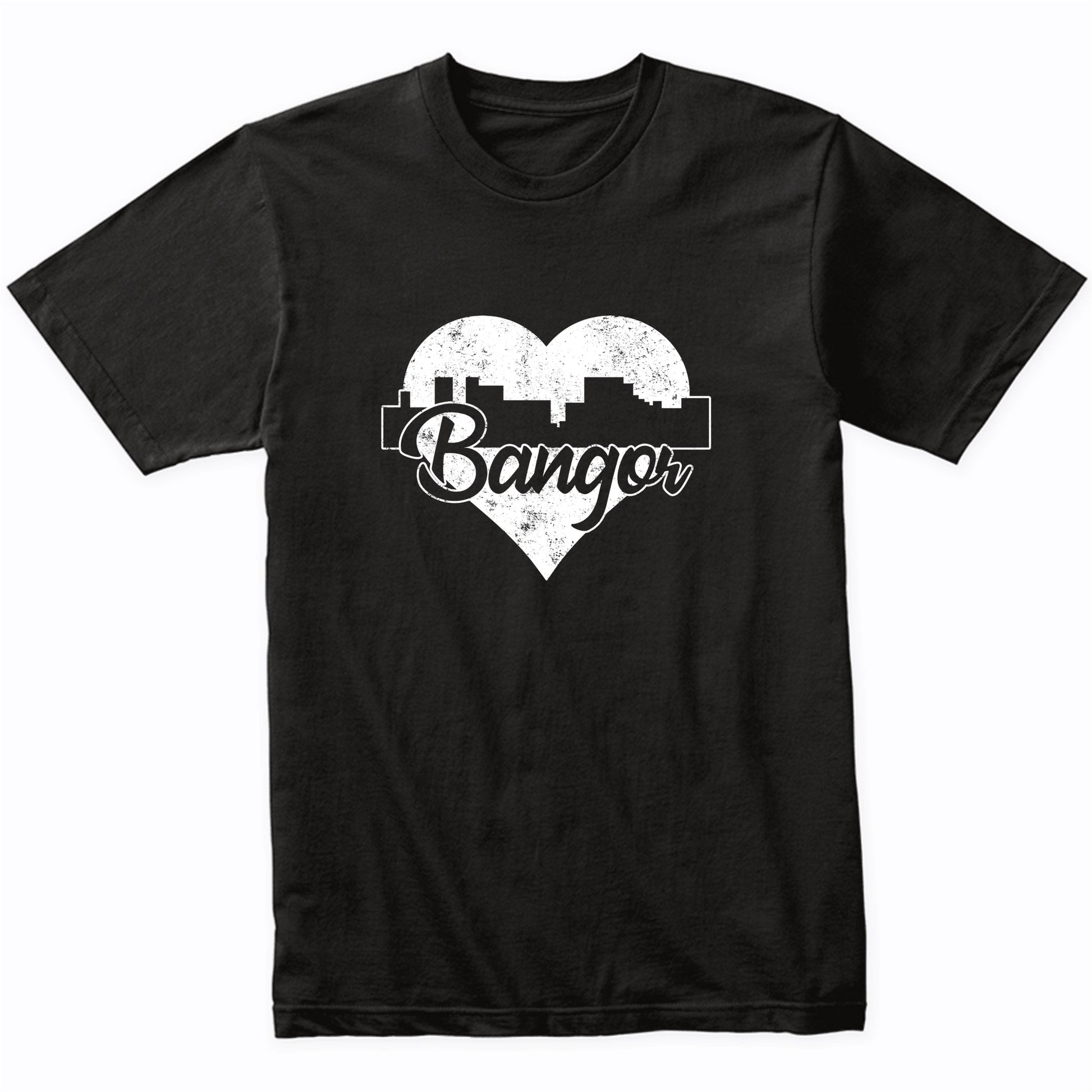 Retro Bangor Maine Skyline Heart Distressed T-Shirt