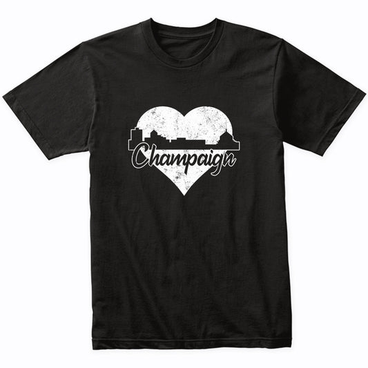 Retro Champaign Illinois Skyline Heart Distressed T-Shirt