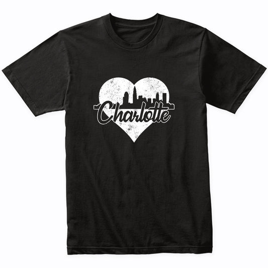 Retro Charlotte North Carolina Skyline Heart Distressed T-Shirt