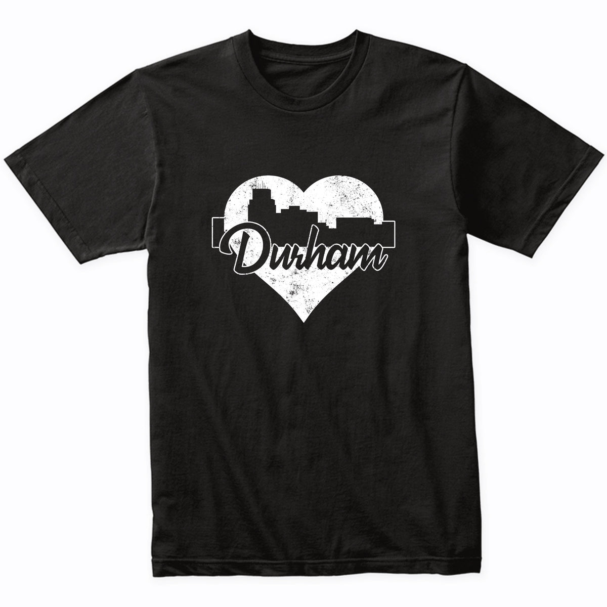 Retro Durham North Carolina Skyline Heart Distressed T-Shirt
