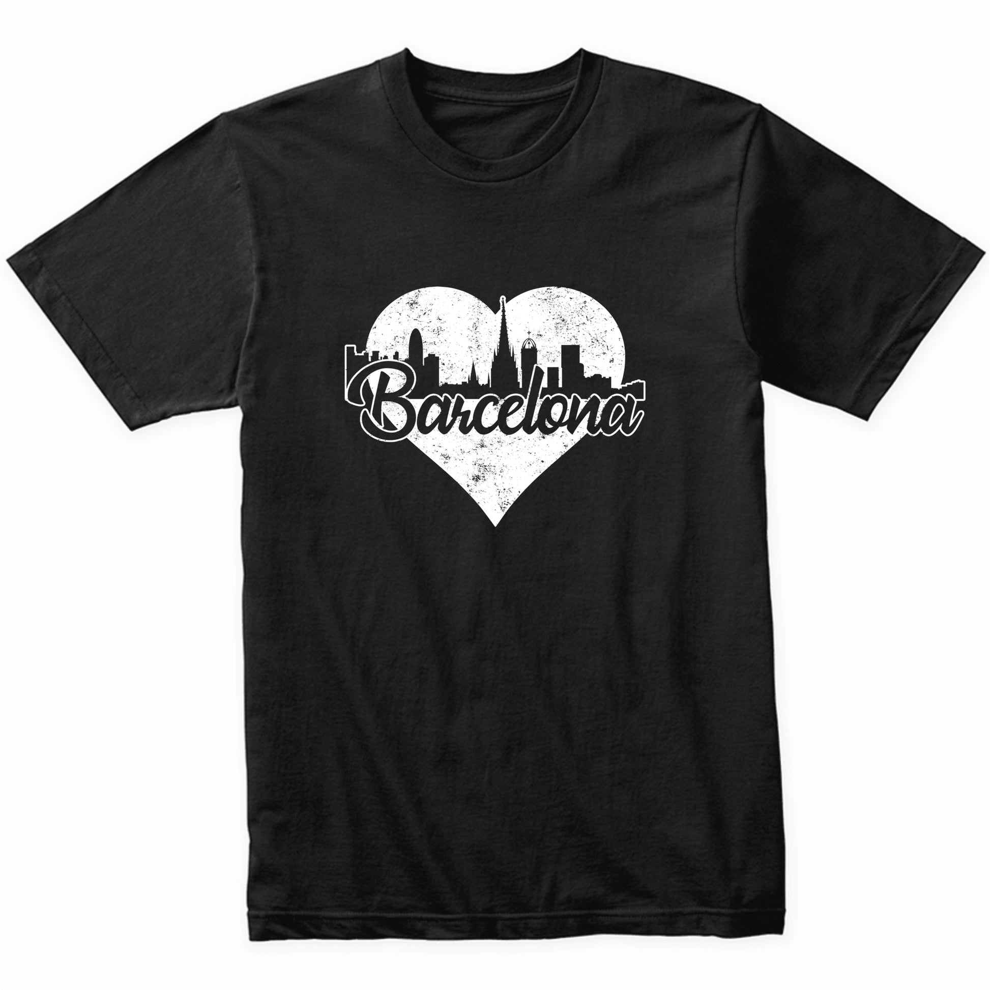 Retro Barcelona Spain Skyline Heart Distressed T-Shirt