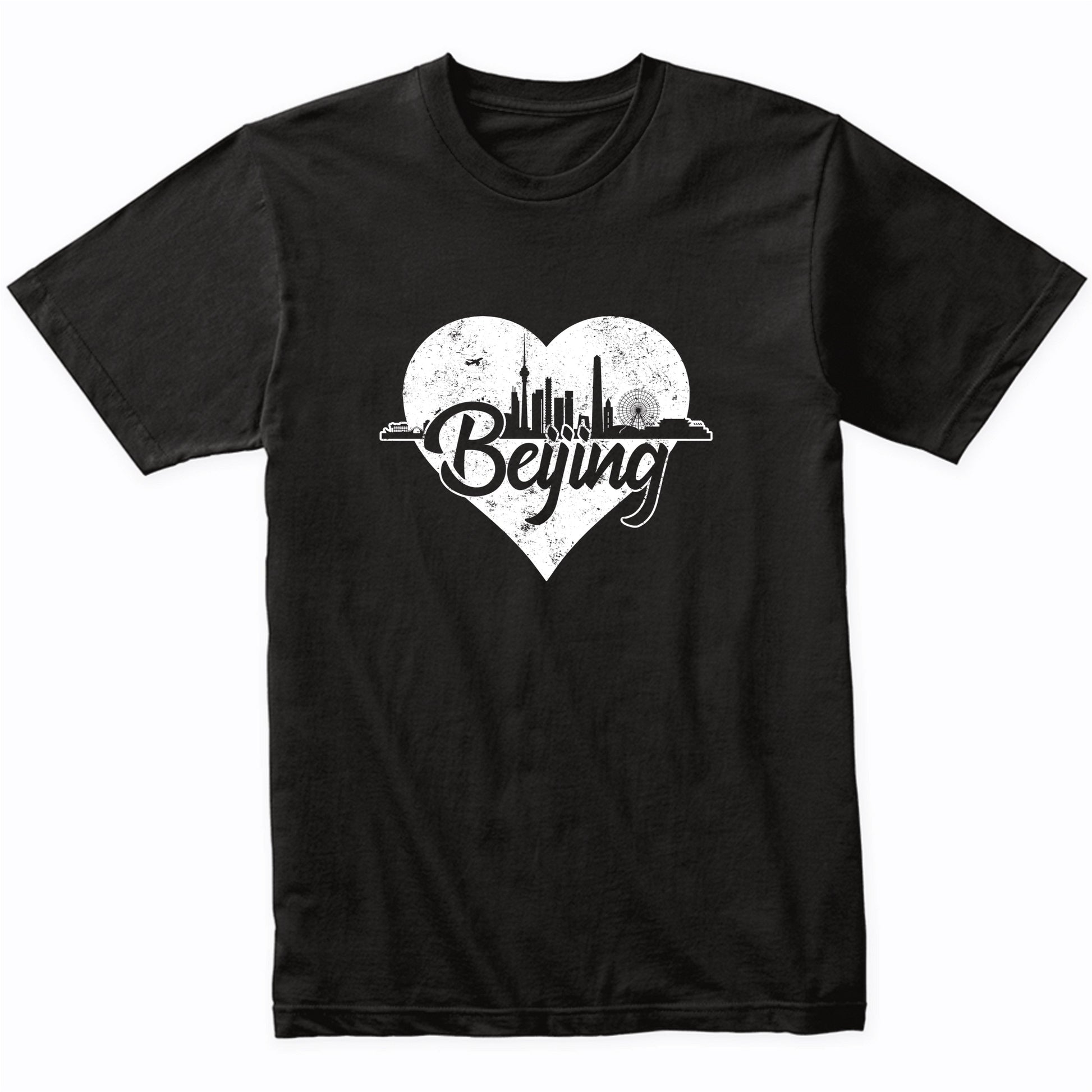 Retro Beijing China Skyline Heart Distressed T-Shirt