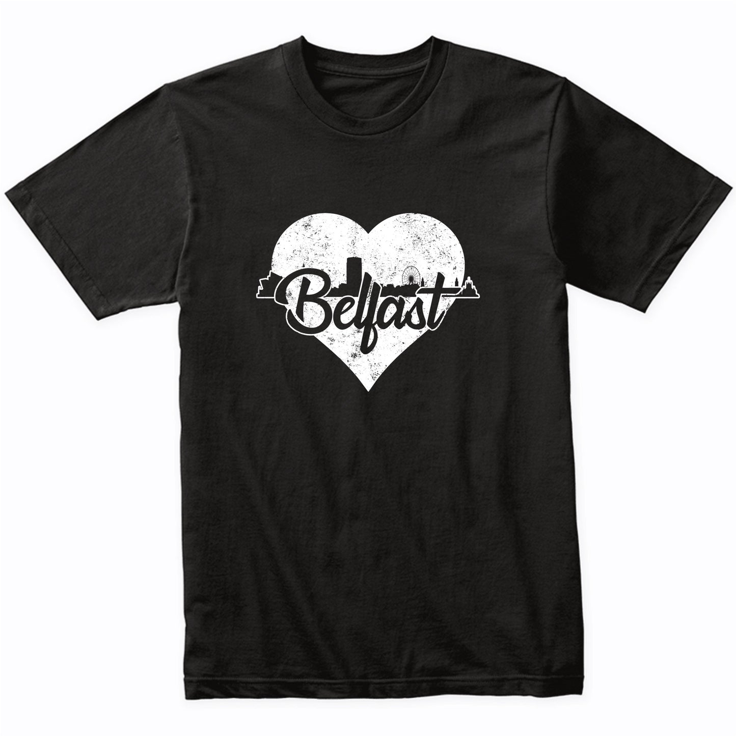 Retro Belfast Northern Ireland Skyline Heart Distressed T-Shirt