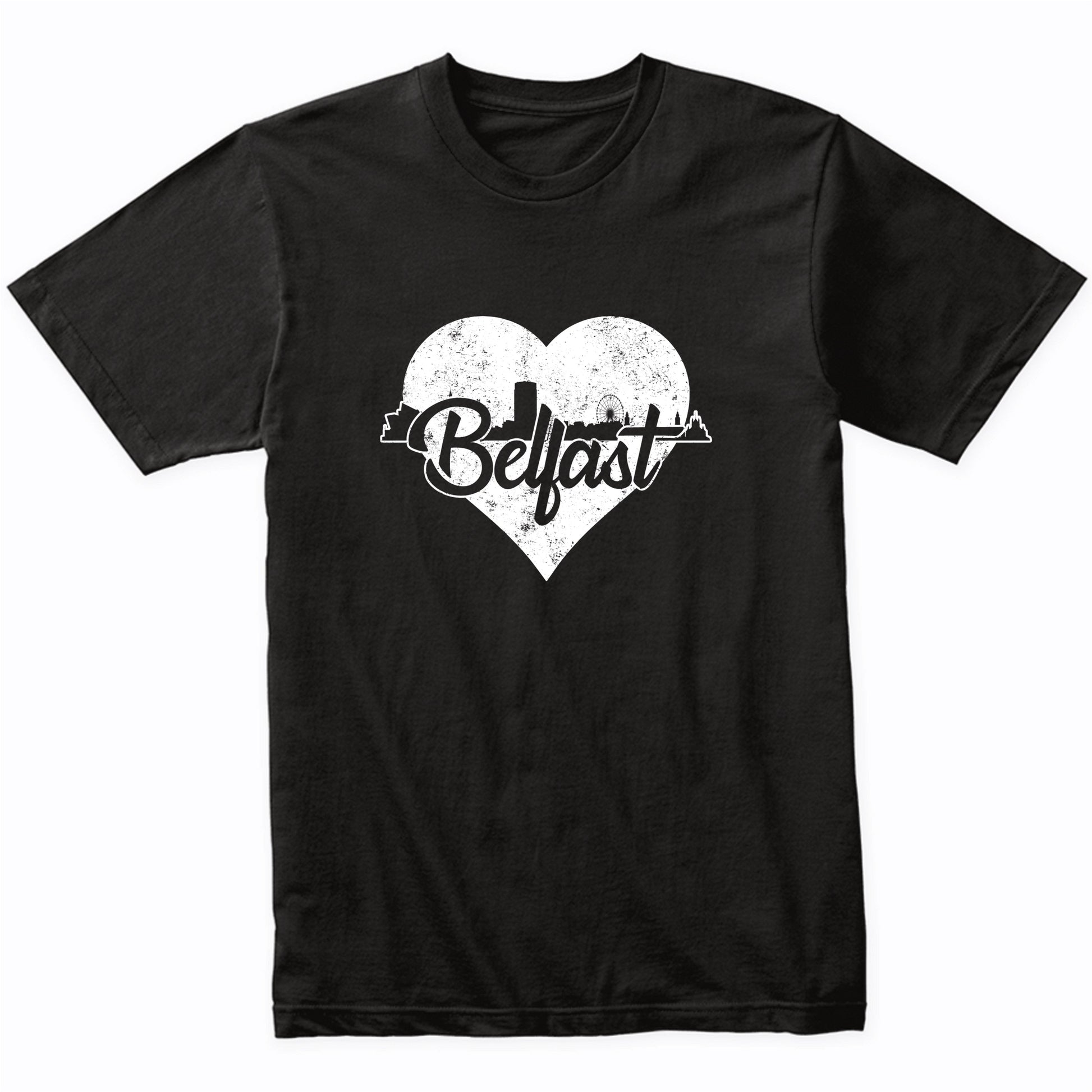 Retro Belfast Northern Ireland Skyline Heart Distressed T-Shirt