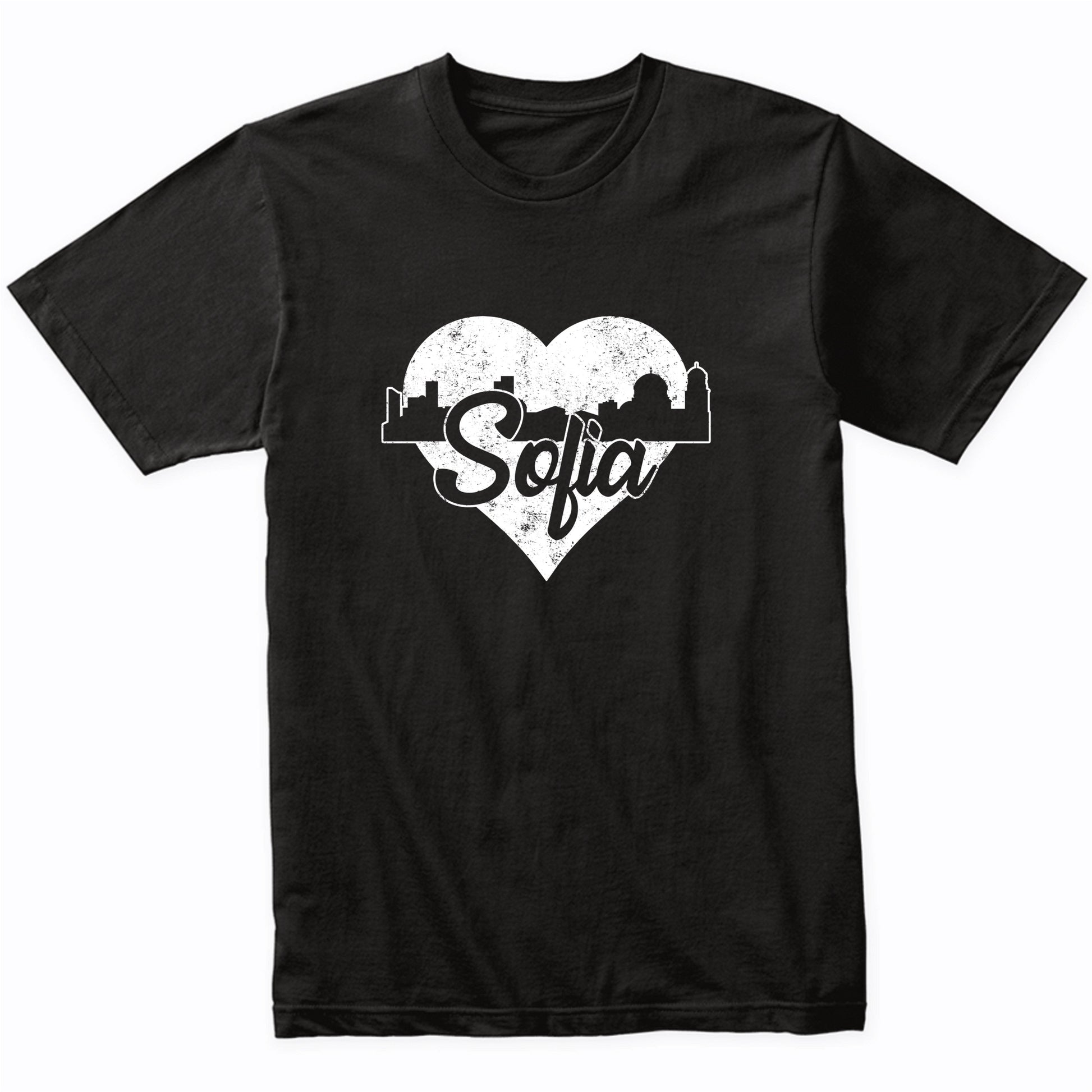 Retro Sofia Bulgaria Skyline Heart Distressed T-Shirt