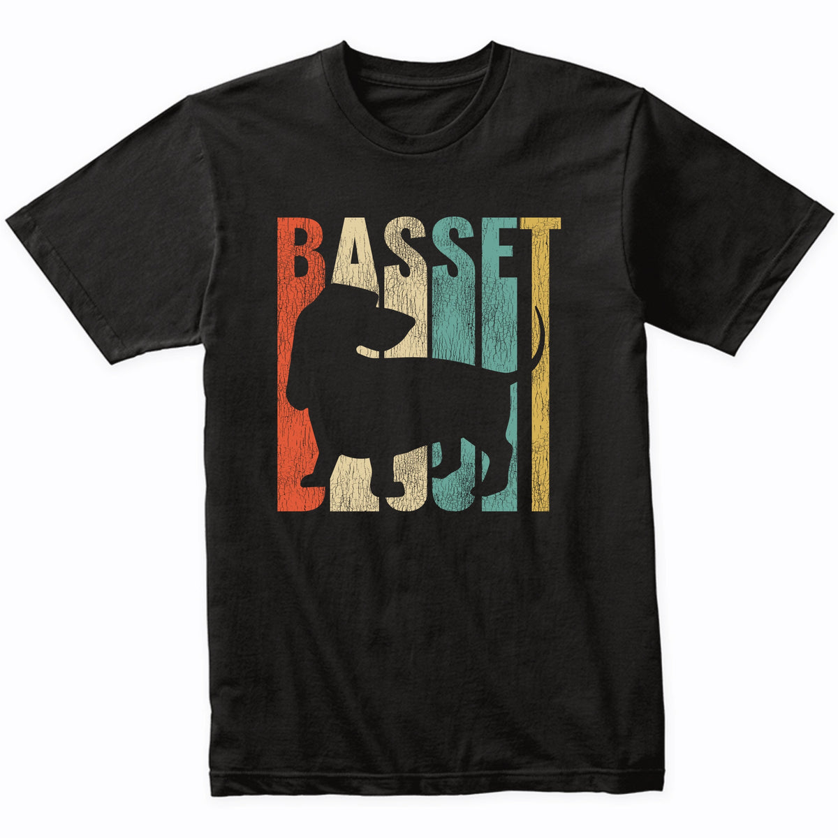 Retro 1970's Style Basset Hound Dog Silhouette Cracked Distressed T-Shirt