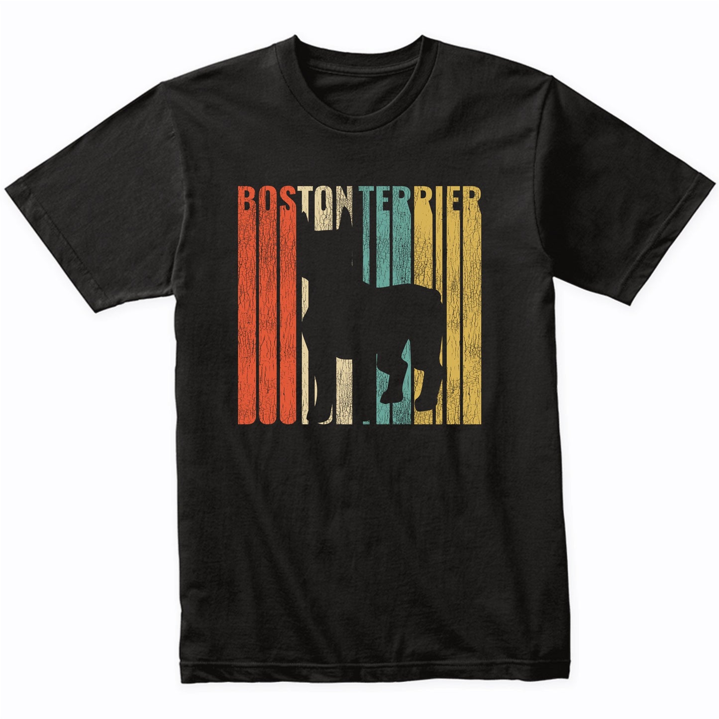 Retro 1970's Style Boston Terrier Dog Silhouette Cracked Distressed T-Shirt