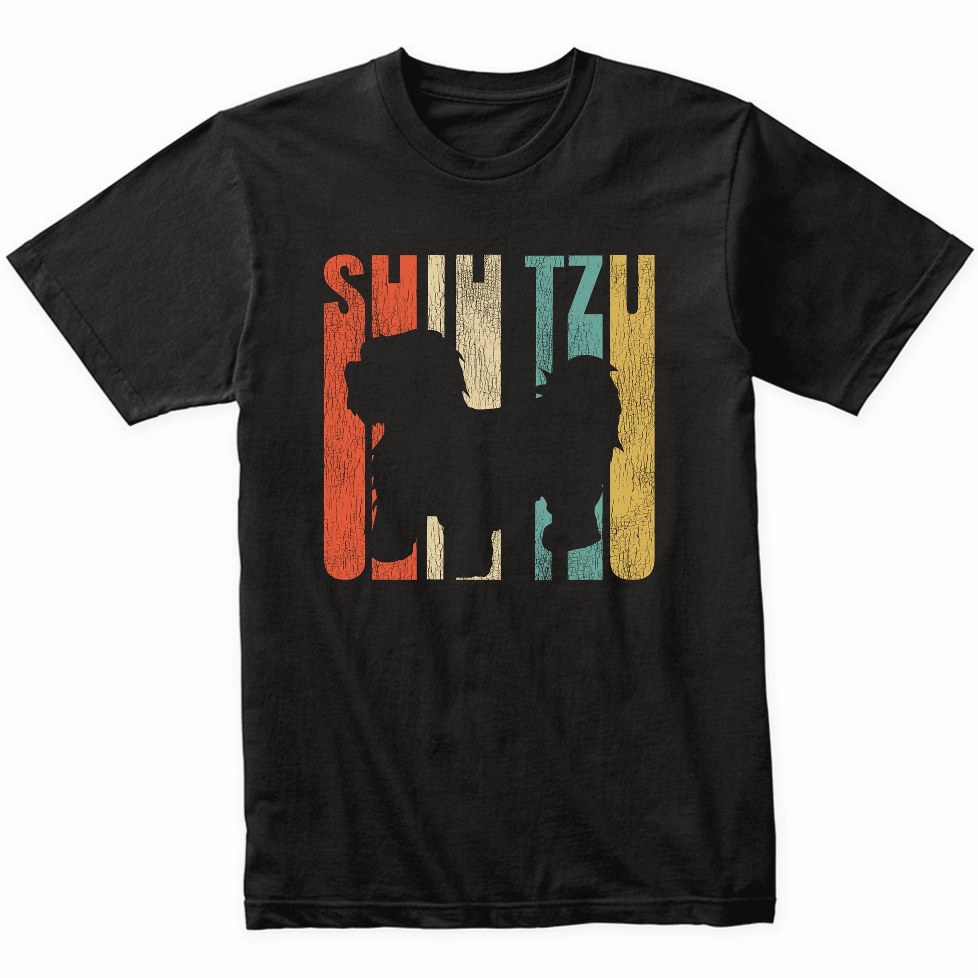Retro 1970's Style Shih Tzu Dog Silhouette Cracked Distressed T-Shirt