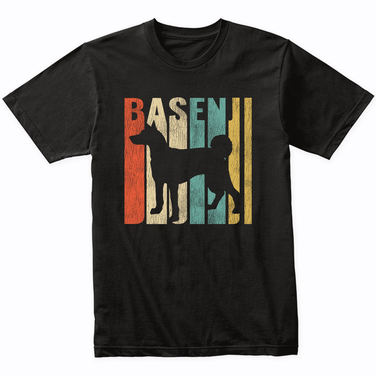 Retro 1970's Style Basenji Dog Silhouette Cracked Distressed T-Shirt
