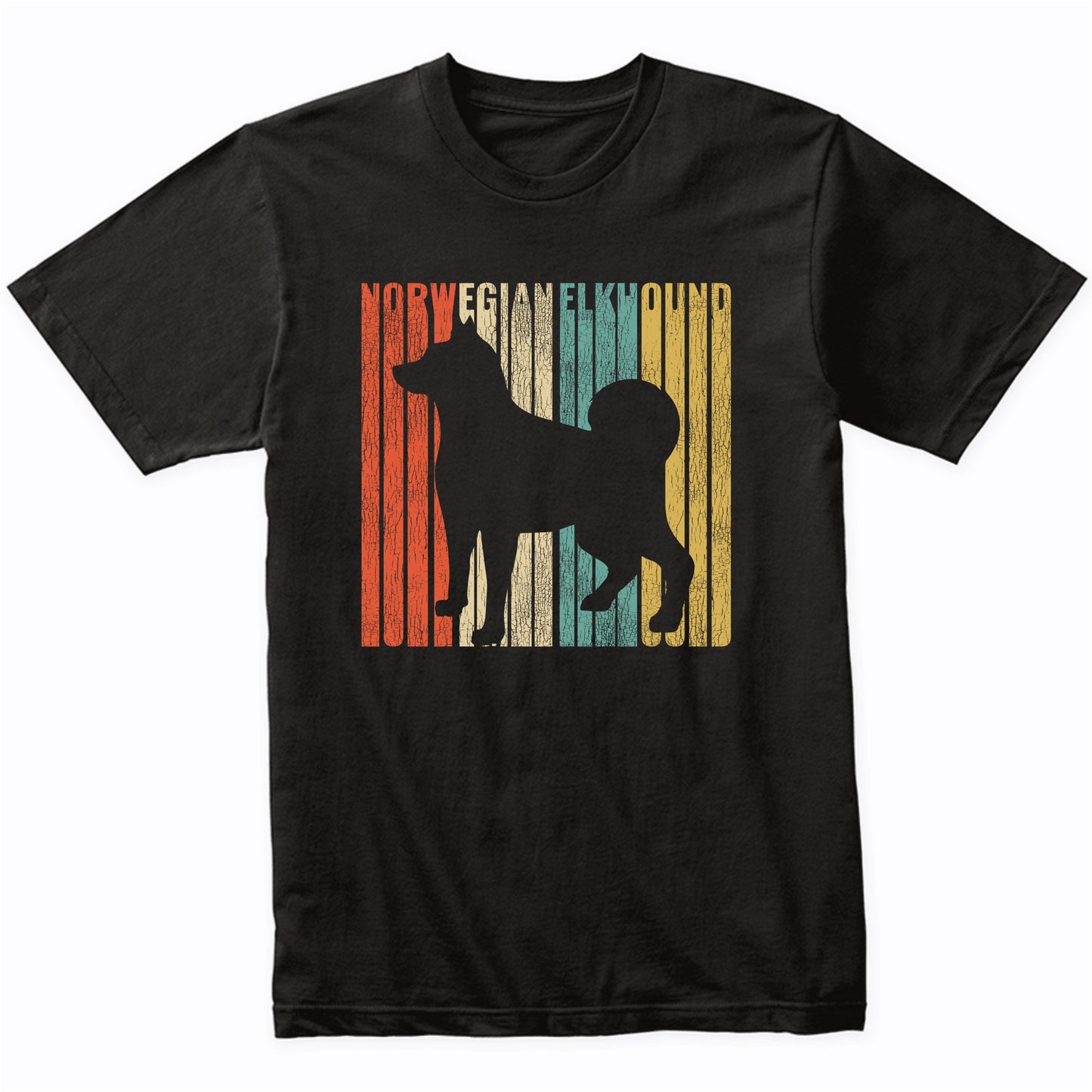 Retro 1970's Style Norwegian Elkhound Dog Silhouette Cracked Distressed T-Shirt