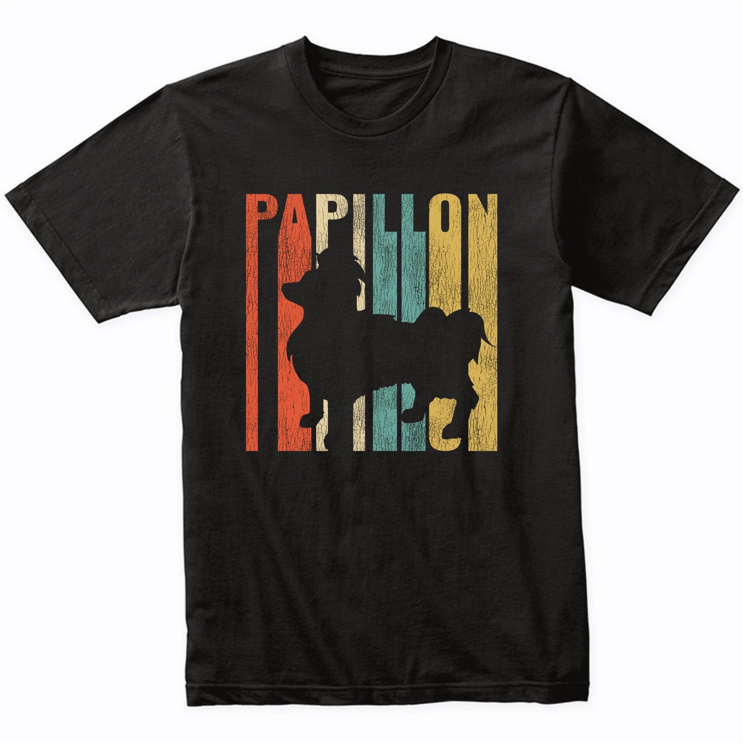 Retro 1970's Style Papillon Dog Silhouette Cracked Distressed T-Shirt