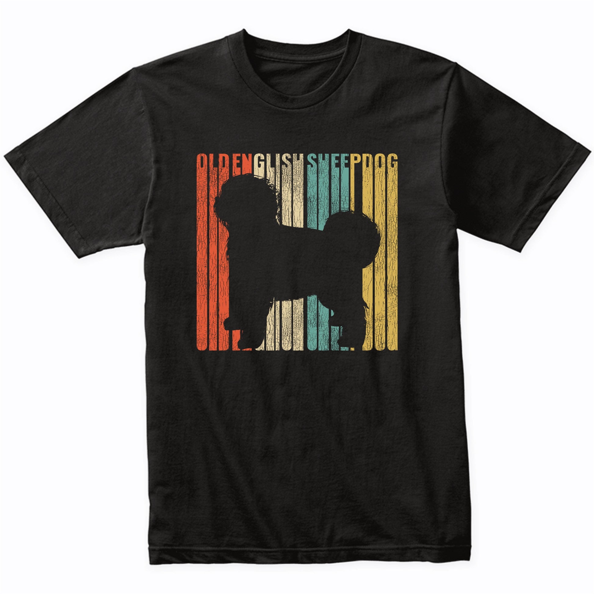 Retro 1970's Style Old English Sheepdog Dog Silhouette Cracked Distressed T-Shirt