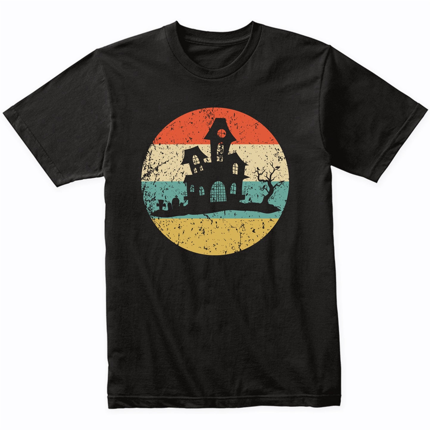 Halloween Spooky Scary Haunted House Silhouette Creepy Retro T-Shirt