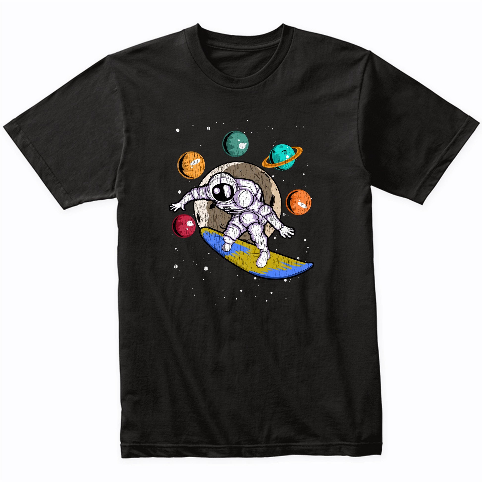 Surfing Astronaut Outer Space Spaceman Distressed T-Shirt