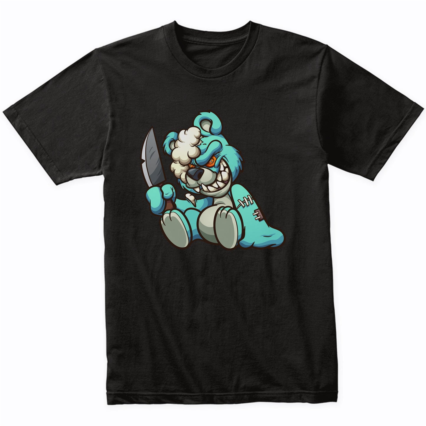 Evil Blue Teddy Bear With Knife Demented Deranged Bear T-Shirt