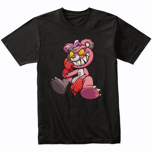 Demented Pink Teddy Bear Bloody Hands Evil Bear T-Shirt