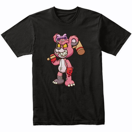Evil Pink Teddy Bear With Mallet Scary Demented Bear T-Shirt