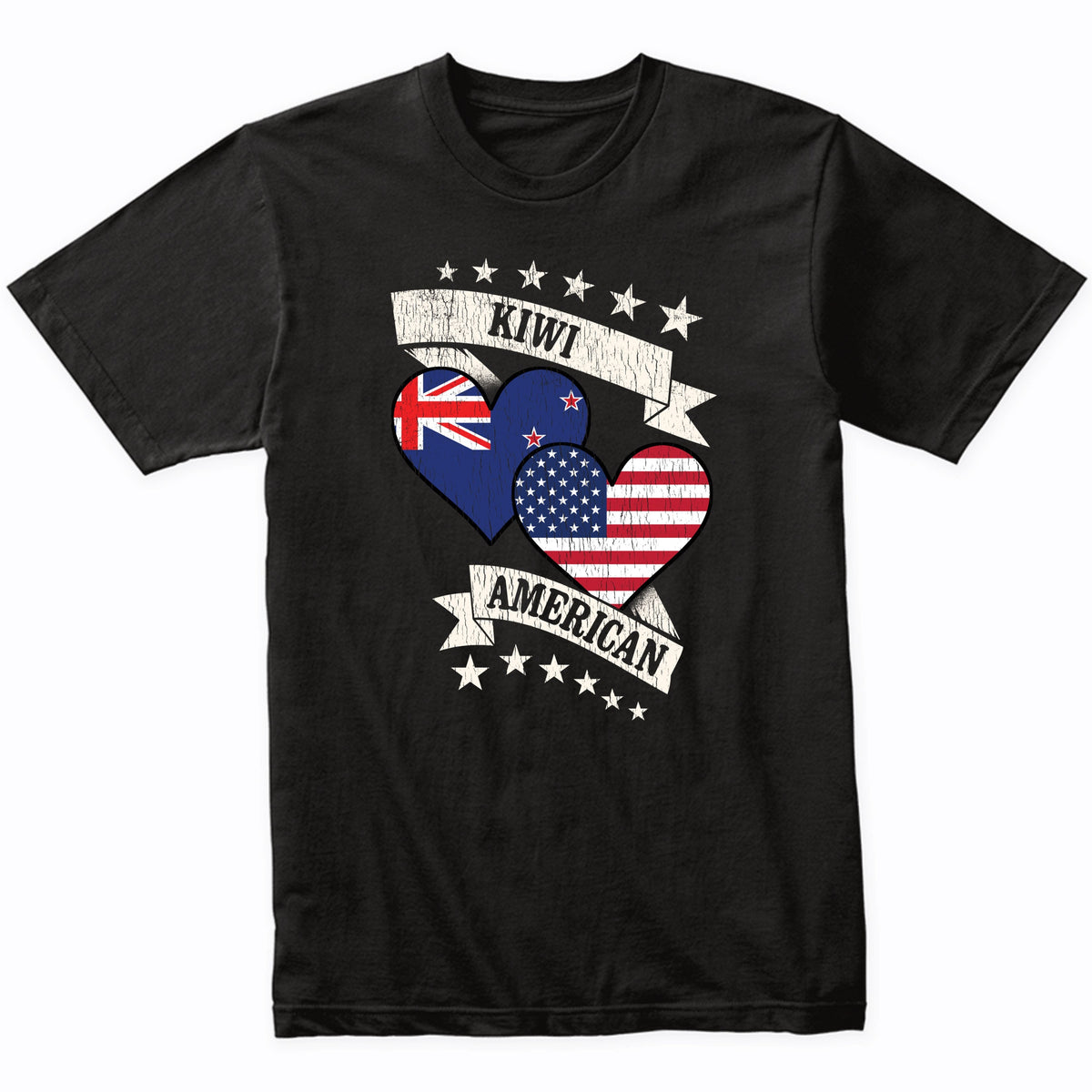 Kiwi American Heart Flags New Zealand America T-Shirt