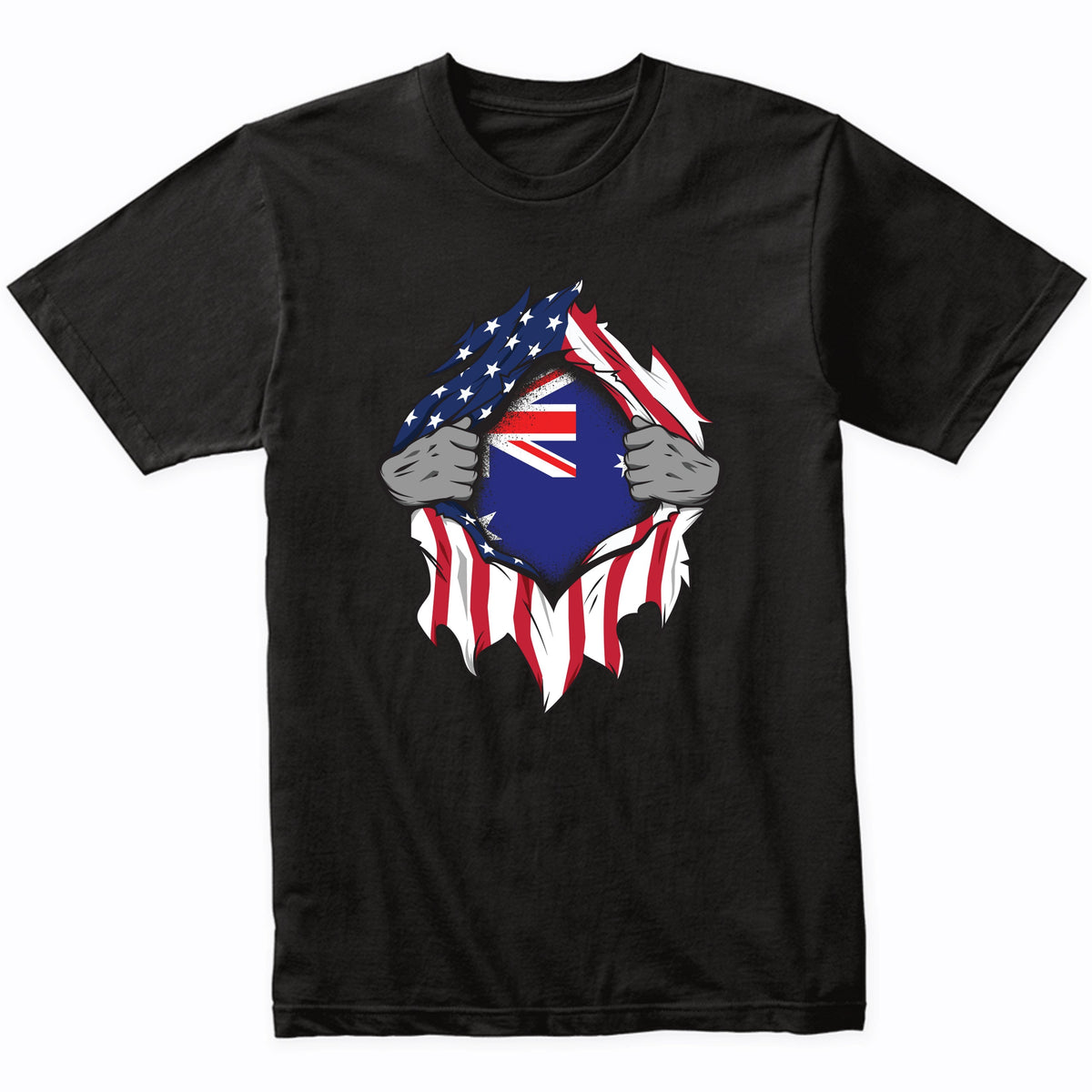 Australian American Flags Hands Ripping Flag on Chest T-Shirt