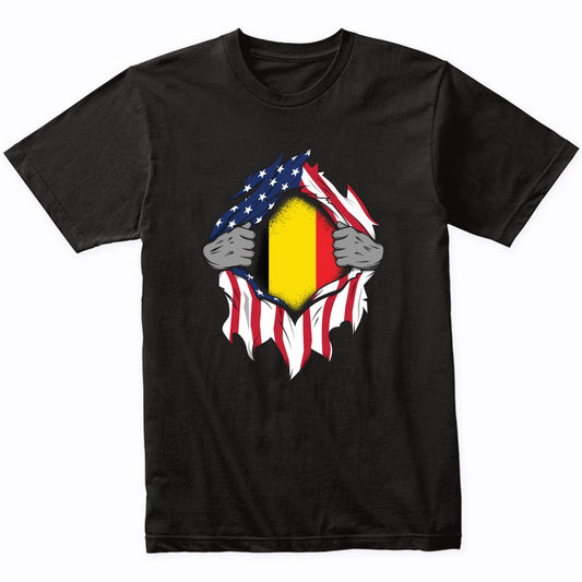 Belgian American Flags Hands Ripping Flag on Chest T-Shirt