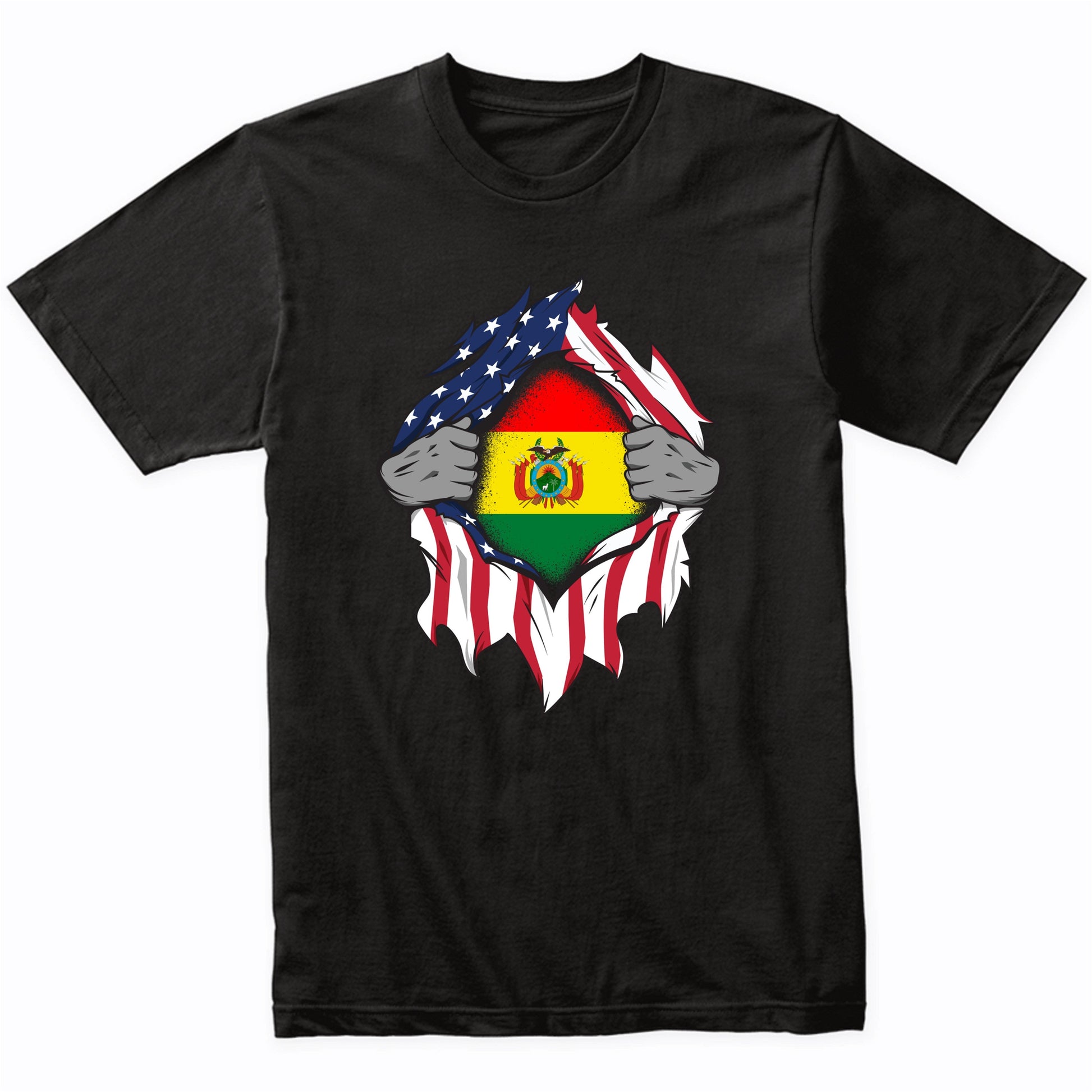 Bolivian American Flags Hands Ripping Flag on Chest T-Shirt