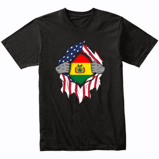 Bolivian American Flags Hands Ripping Flag on Chest T-Shirt