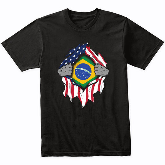 Brazilian American Flags Hands Ripping Flag on Chest T-Shirt