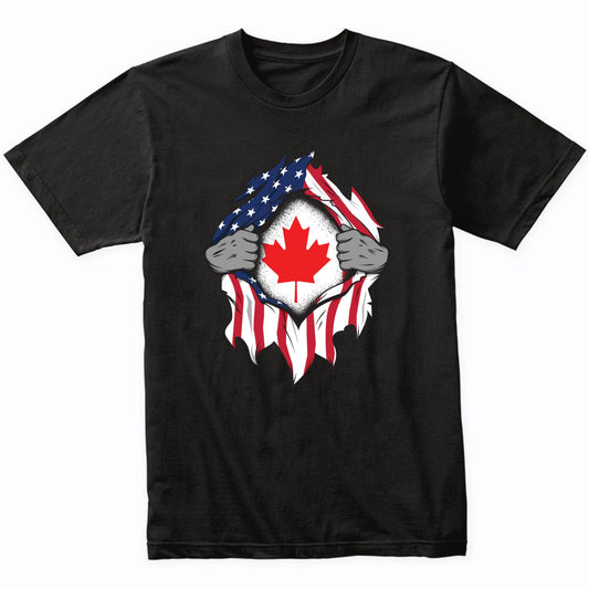 Canadian American Flags Hands Ripping Flag on Chest T-Shirt