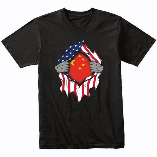 Chinese American Flags Hands Ripping Flag on Chest T-Shirt