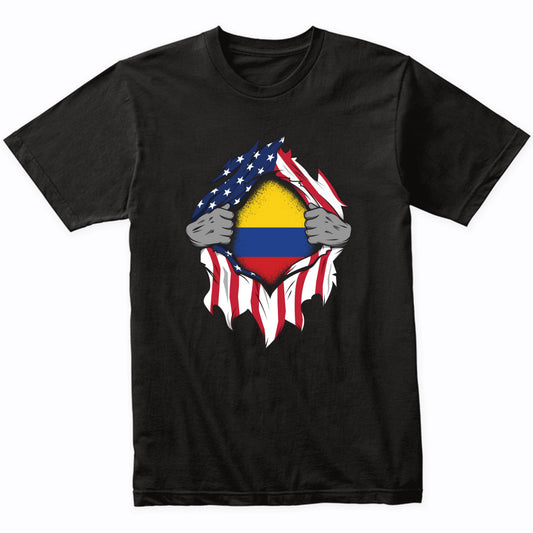 Colombian American Flags Hands Ripping Flag on Chest T-Shirt
