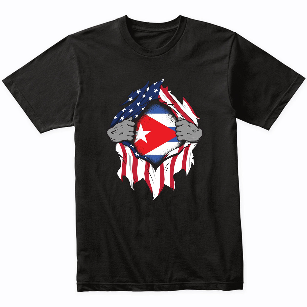 Cuban American Flags Hands Ripping Flag on Chest T-Shirt