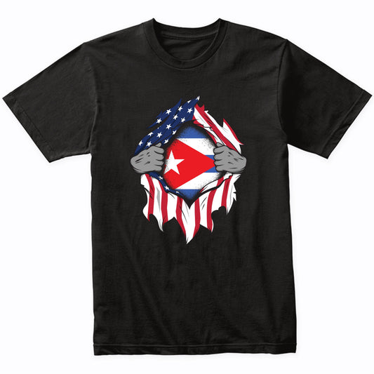 Cuban American Flags Hands Ripping Flag on Chest T-Shirt