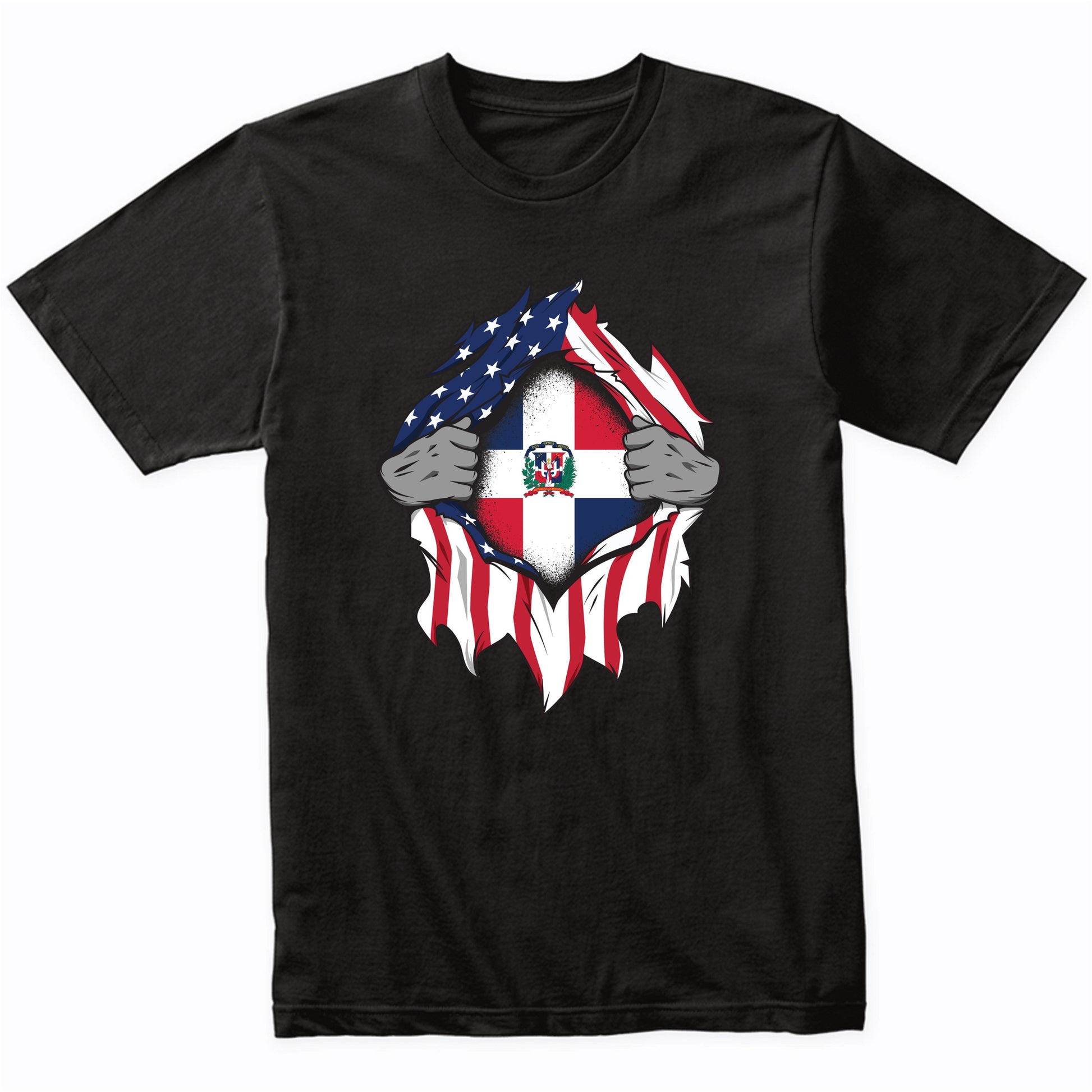 Dominican American Flags Hands Ripping Flag on Chest T-Shirt
