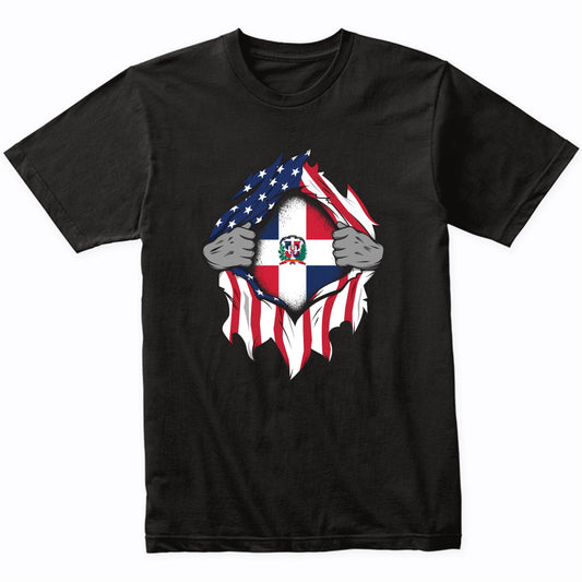 Dominican American Flags Hands Ripping Flag on Chest T-Shirt