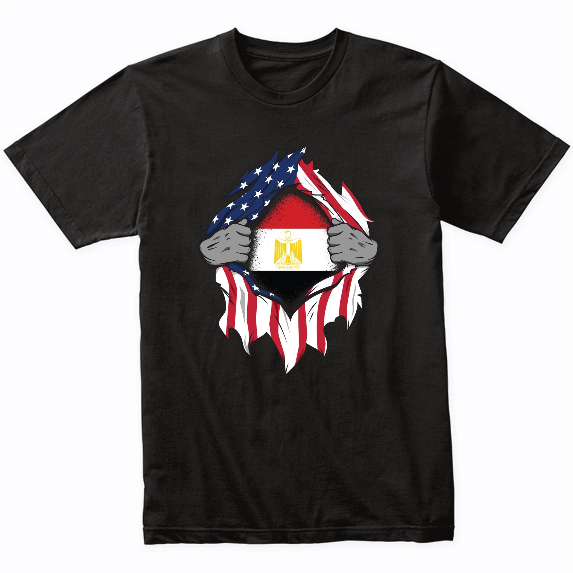 Egyptian American Flags Hands Ripping Flag on Chest T-Shirt