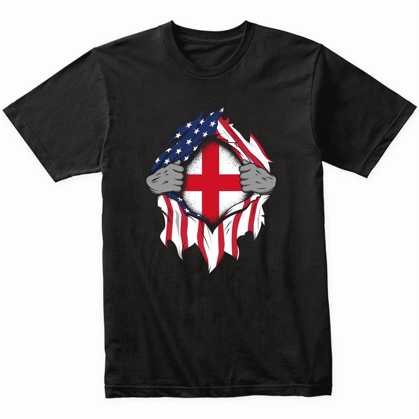 English American Flags Hands Ripping Flag on Chest T-Shirt