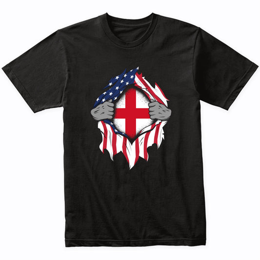 English American Flags Hands Ripping Flag on Chest T-Shirt