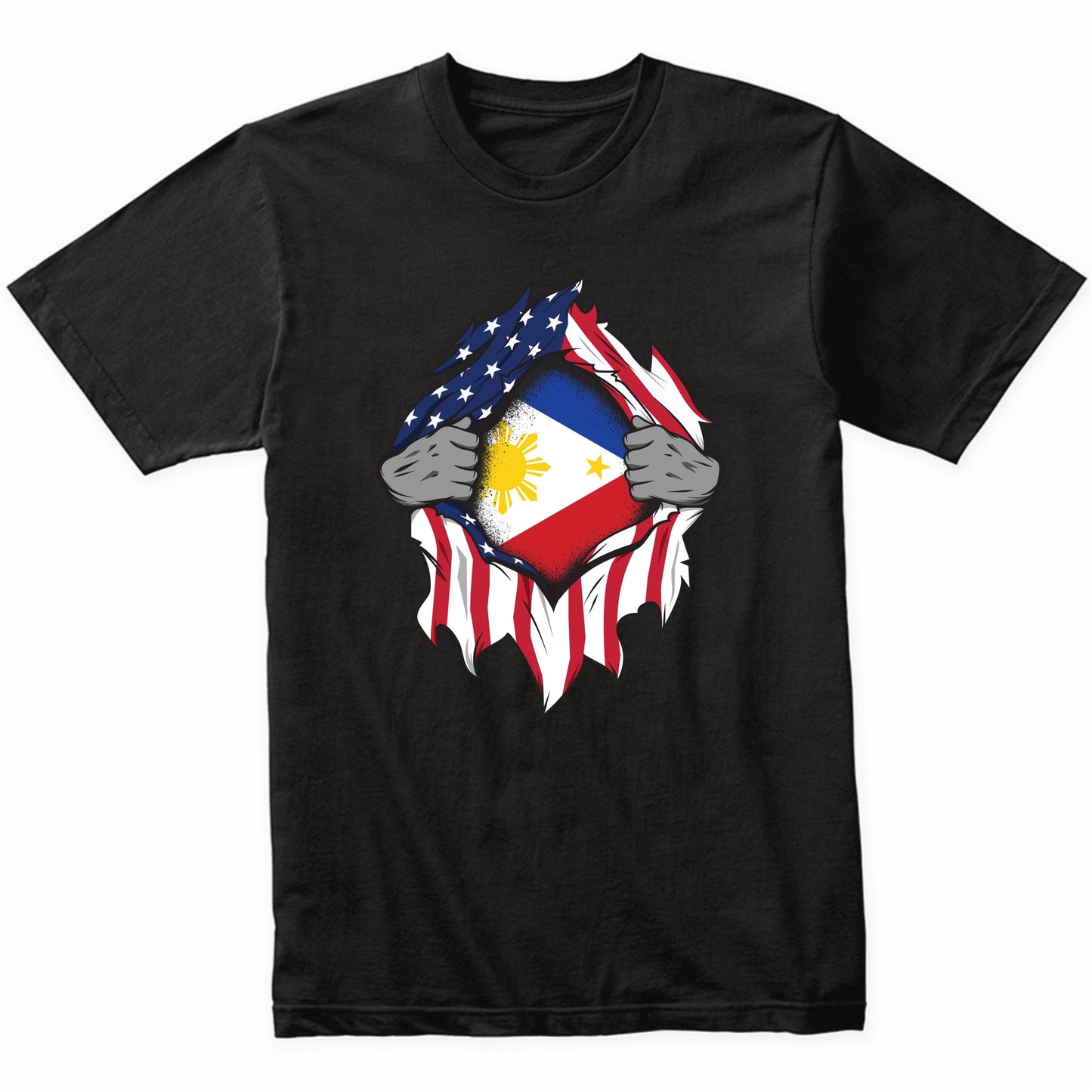 Filipino American Flags Hands Ripping Flag on Chest T-Shirt
