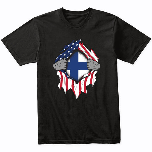 Finnish American Flags Hands Ripping Flag on Chest T-Shirt