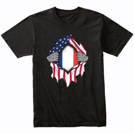 French American Flags Hands Ripping Flag on Chest T-Shirt