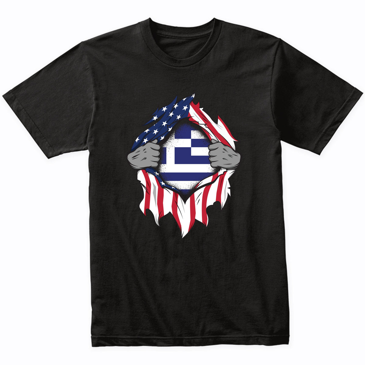 Greek American Flags Hands Ripping Flag on Chest T-Shirt