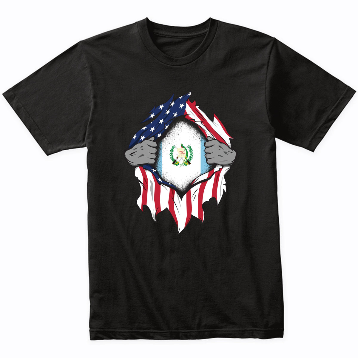 Guatemalan American Flags Hands Ripping Flag on Chest T-Shirt