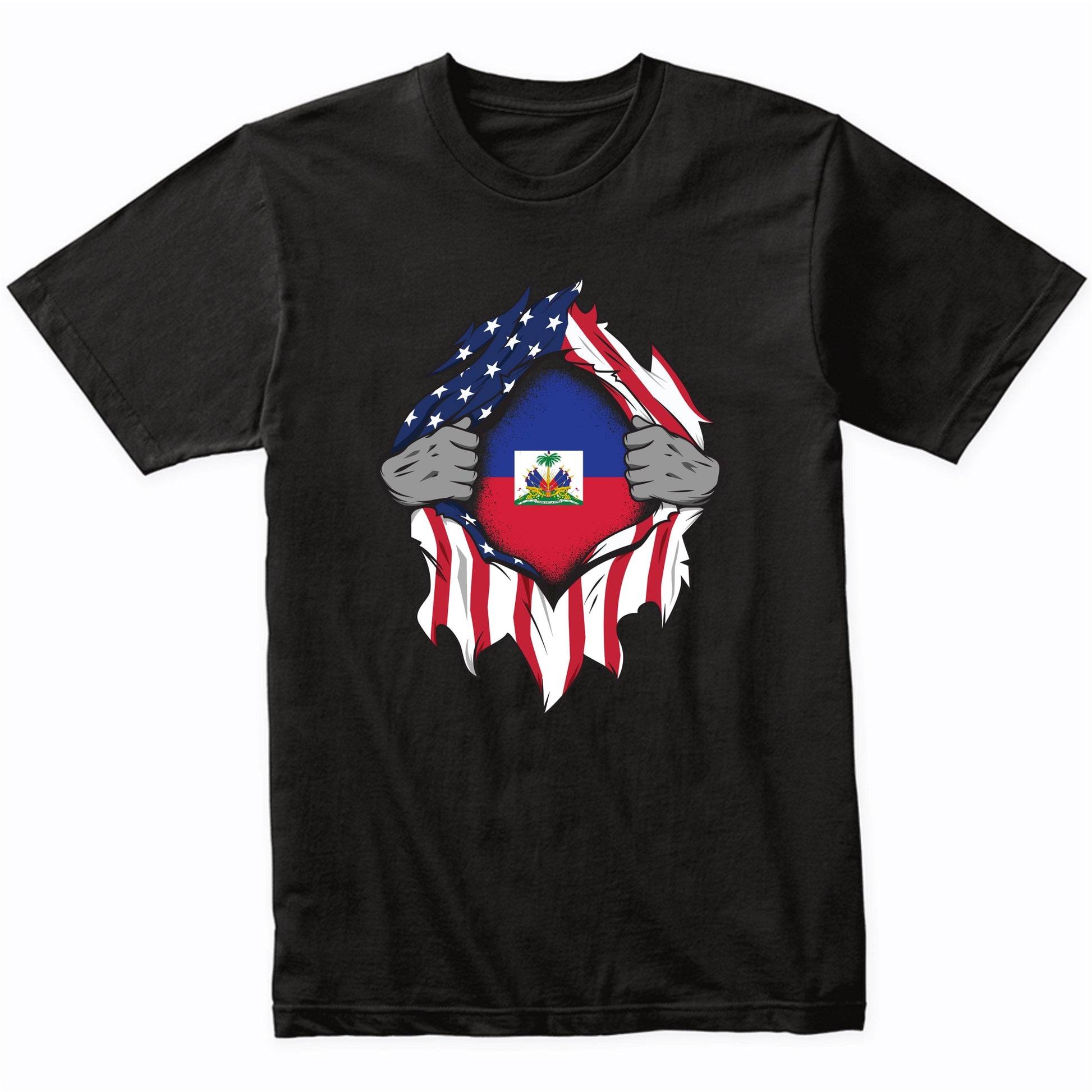 Haitian American Flags Hands Ripping Flag on Chest T-Shirt